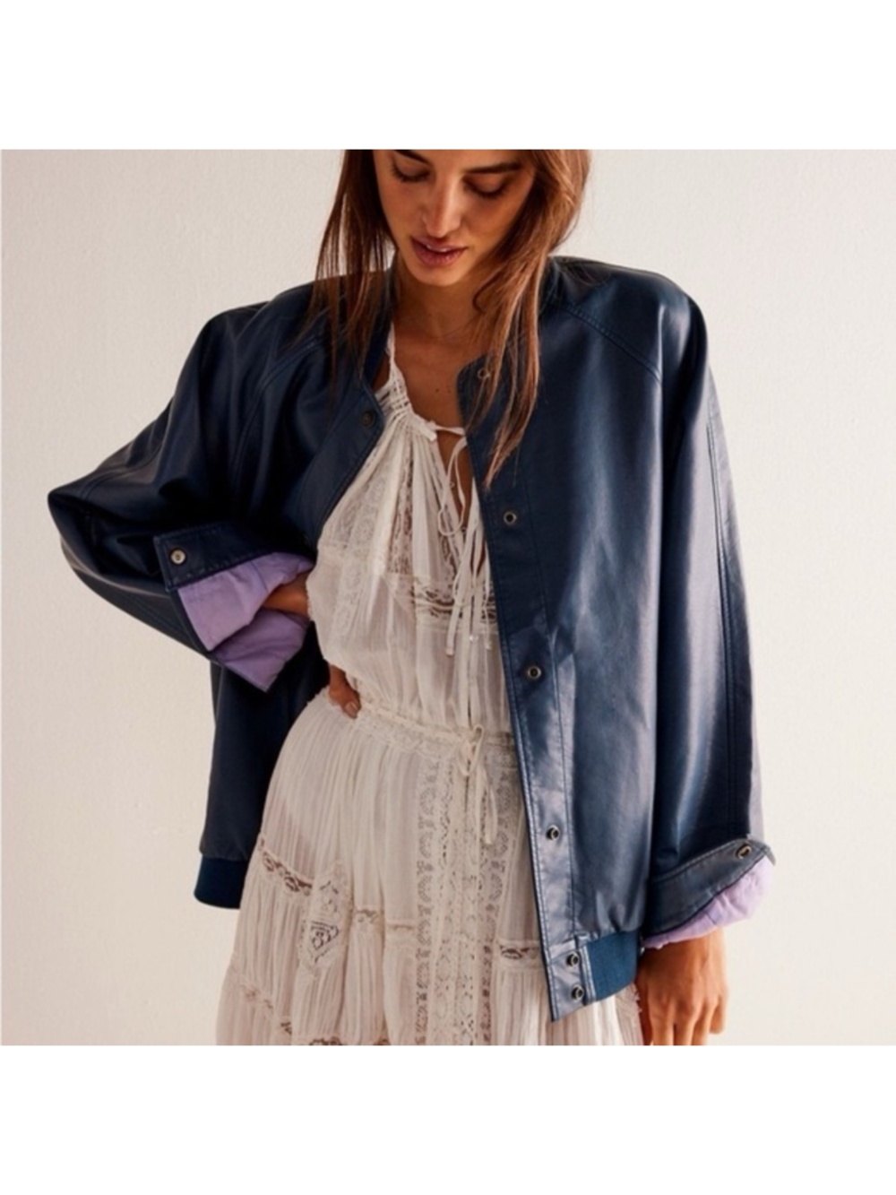 We The Free Blue vegan Leather Bomber Jacket NWOT